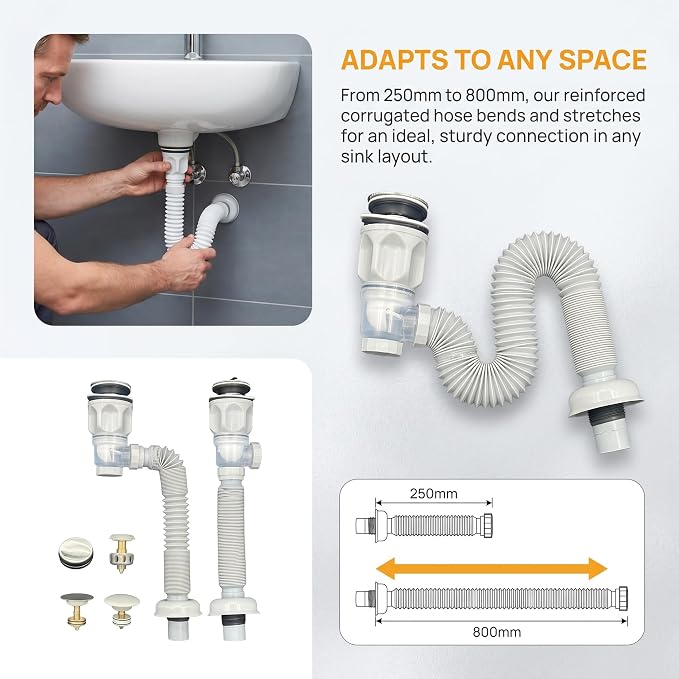 Bathroom Sink Drain Pipe with Flexible Corrugated Extension Tube, Flip-Top Seal - Image 7