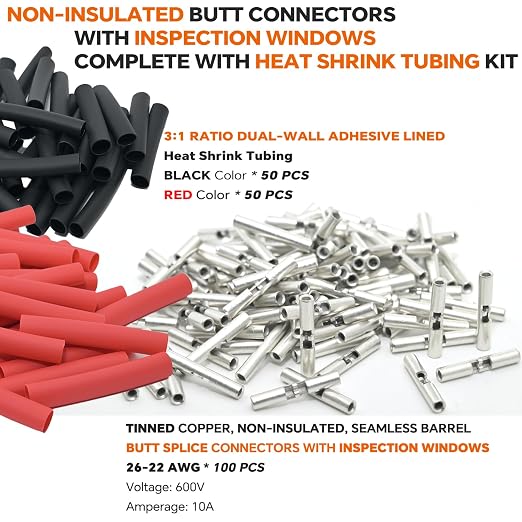 26-22 AWG Wire Splice Kit – 100pcs 26-22 Gauge Tinned Copper Non-Insulated Butt - Image 2