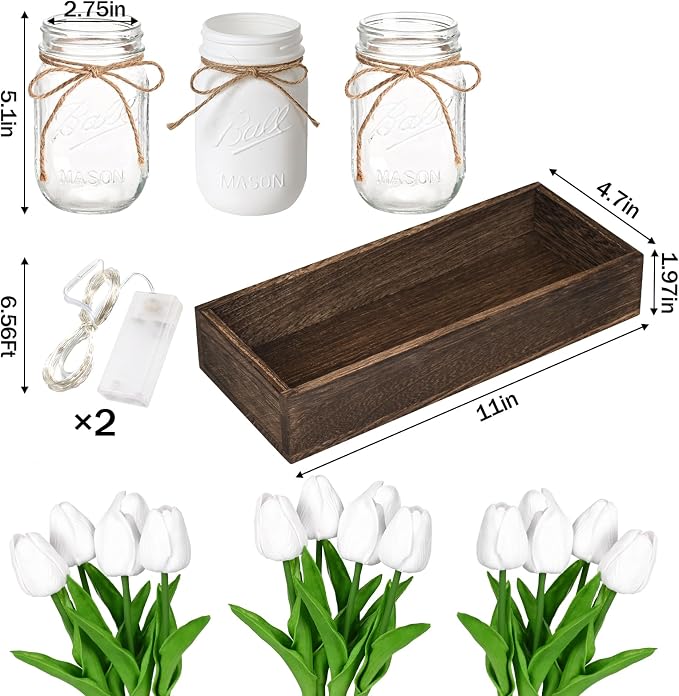 BLEUM CADE 3Pcs Mason Jar with Artificial Tulip Flowers Wood Tray and Light | - Image 3