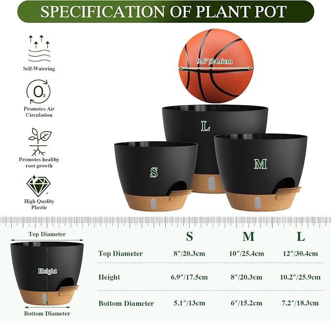 Self Watering Pots with Drainage Holes, 3 Pack 12/10/8 Inch Plant Pots with - Image 2