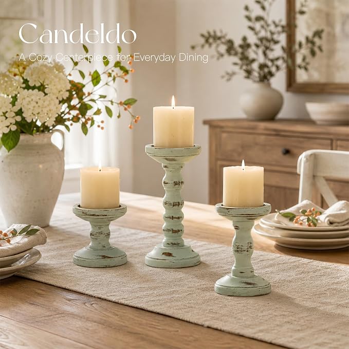 Wood Candle Holder for Pillar, Sage Green Farmhouse Decor | Set of 3, Table - Image 6