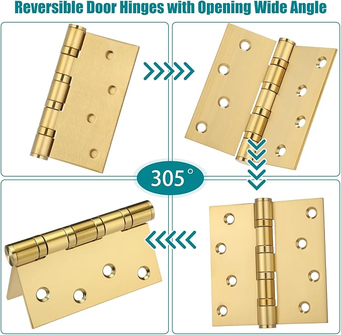 6 Pcs Gold 4'' Ball Bearing Door Hinges, Square Corner | Stainless Steel - Image 3
