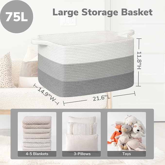 Goodpick Large Woven Rope Blanket Basket, Light Gray | 21.6'' x 14.9'' x 11.8'' - Image 3
