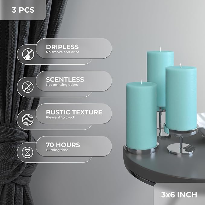 Large Pillar Candles 3x6 Inch – Set of 3 Unscented Dripless Light Turquoise - Image 3