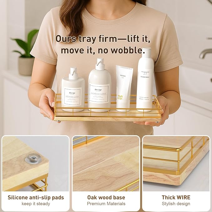 Toilet Paper Basket Organizer, Oak Wood Toilet Tank Tray - Image 5