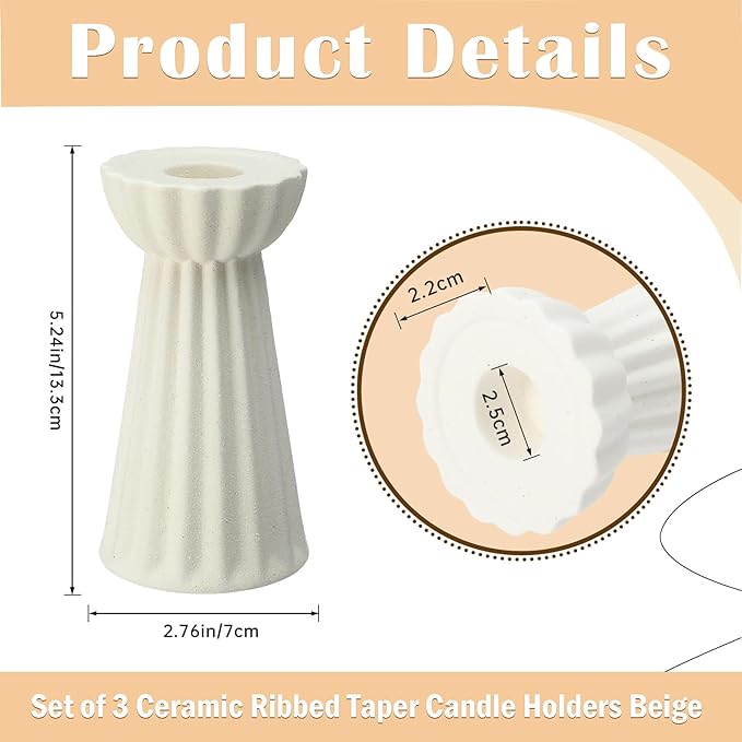 Honeydak Set of 3 Ceramic Taper Candle Holder Cream White Candlestick Holder - Image 4