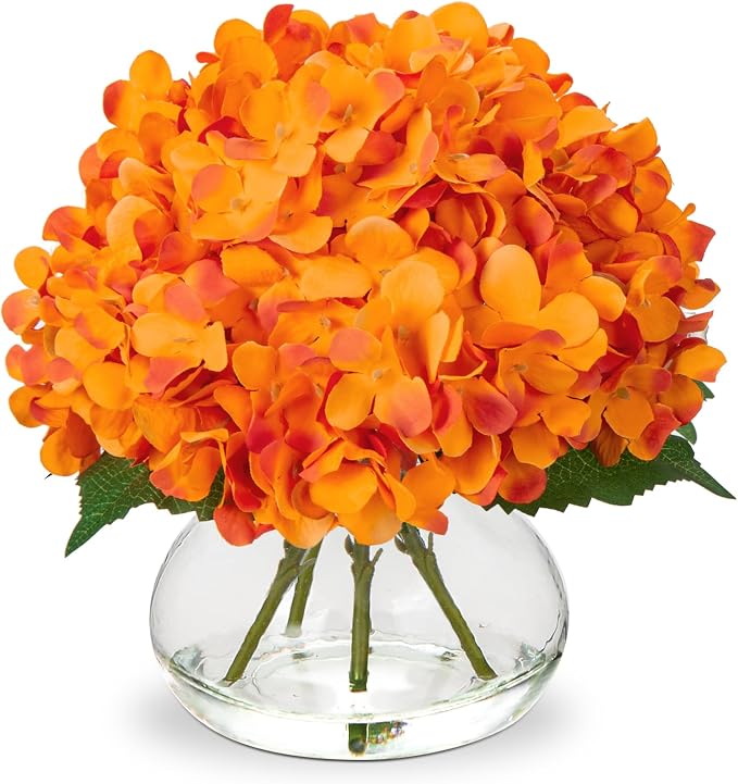 Hollyone Hydrangea Artificial Flowers in Vase Orange Silk Fake Flowers by Hollyone