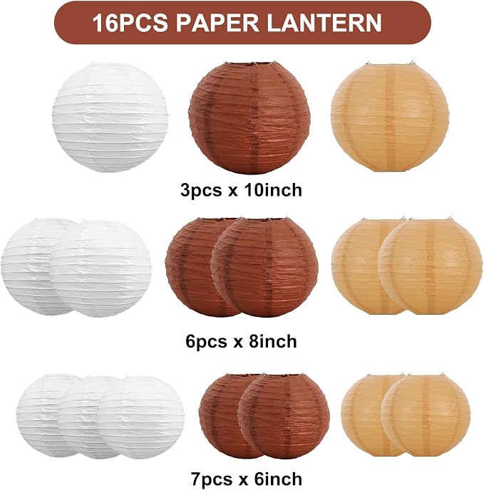 BEISHIDA Brown Mix Paper Lanterns 16Pcs 6/8/10 Inch Round Chinese Lamp | Paper - Image 2