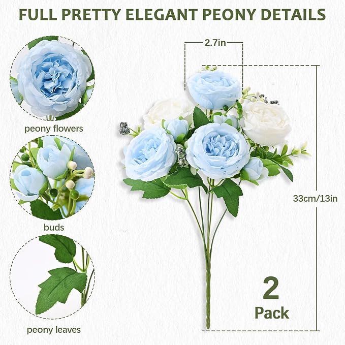 8 Packs Peonies Artificial Flowers Mixed White Blue Silk Artificial Peonies | - Image 4