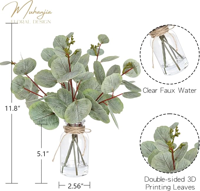 Muhanjia Artificial Eucalyptus Stems in Glass Vase - Image 2