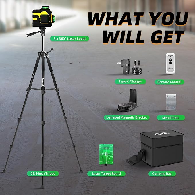 3x360° Laser Level with Tripod & Remote, Built-in 5200mAh Battery | Adjustable - Image 2