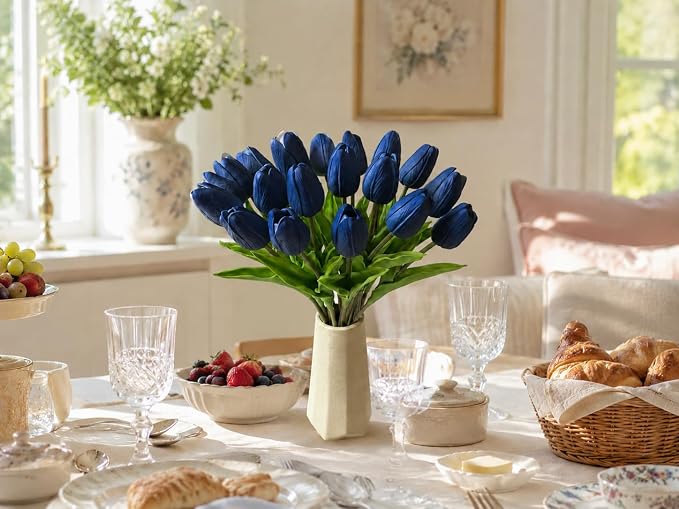 Mandy's 20pcs Artificial Navy Blue Tulips | 13.5 Inch Lifelike PU Tulips Faux - Image 7