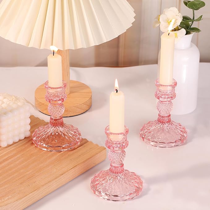 12Pcs Pink Candlestick Holders Set- 4" H Taper Candle Holders Bulk, Glass - Image 3