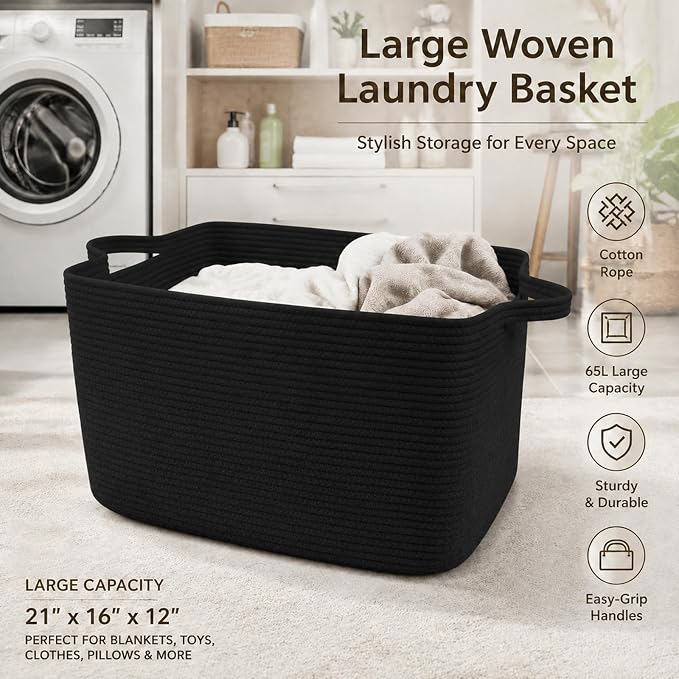 65L Large Laundry Basket with Handles, Woven Blanket Basket, Living Room - Image 5