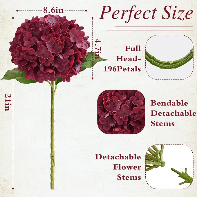 Red Burgundy Hydrangea Artificial Flowers, Faux Hydrangea Flowers, Latex - Image 3