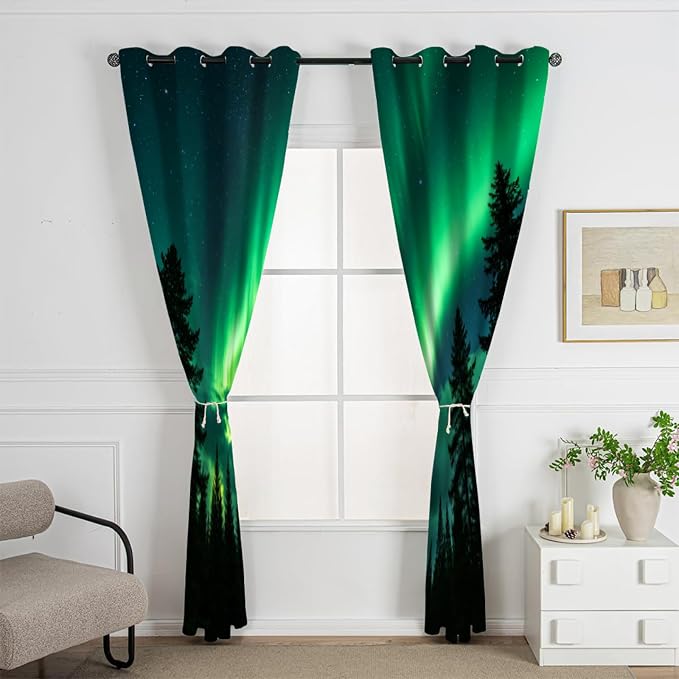 Forest Aurora Curtains for Bedroom Living Room, Coniferous forest silhouette - Image 2