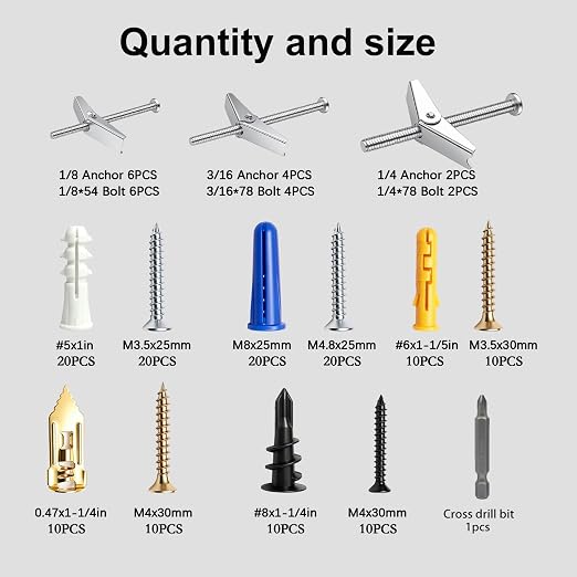 weideer 165PCS 8Sizes Drywall Anchors and Screws Kit, Toggle Bolts and Wing Nut - Image 2