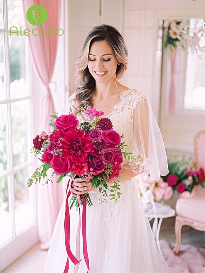 Alecono Hot Pink Artificial Flowers, Silk Fake Roses Floral Set | - Image 5