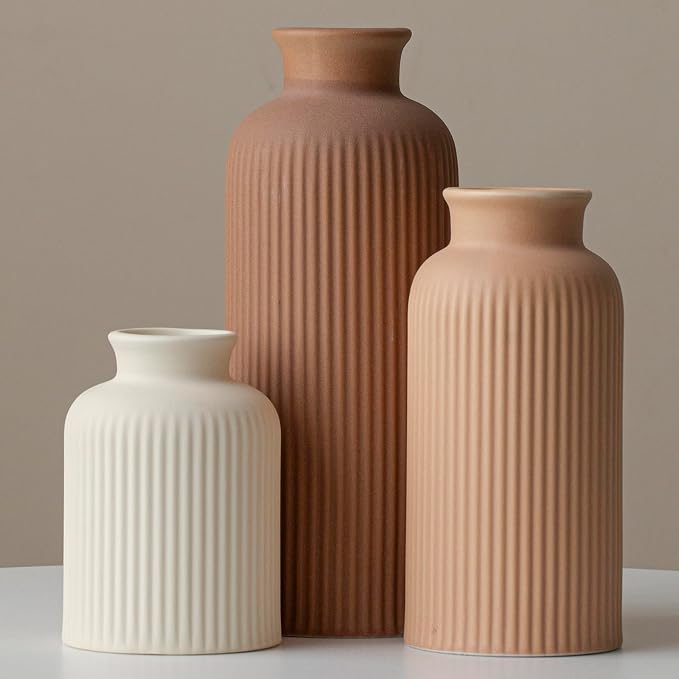 Large Modern Ceramic Vase Set, Coffee Ribbed Matte Design, 3-Piece Decorative by Vaurcesavase