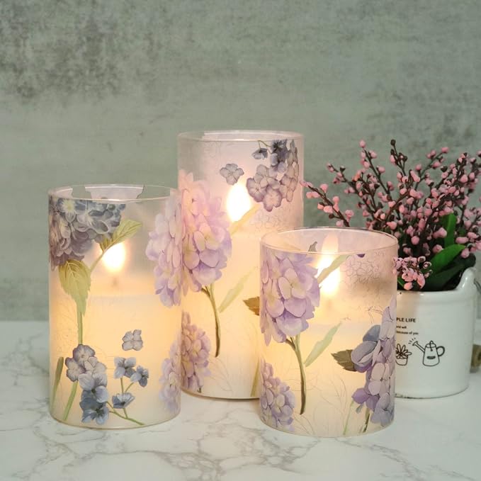 Hydrangea Glass Flameless Candles Batttery Operated Remote Timer | LED - Image 5