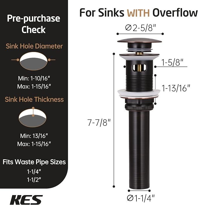 KES Bathroom Faucet Vessel Vanity Sink Pop Up Drain Stopper - Image 5