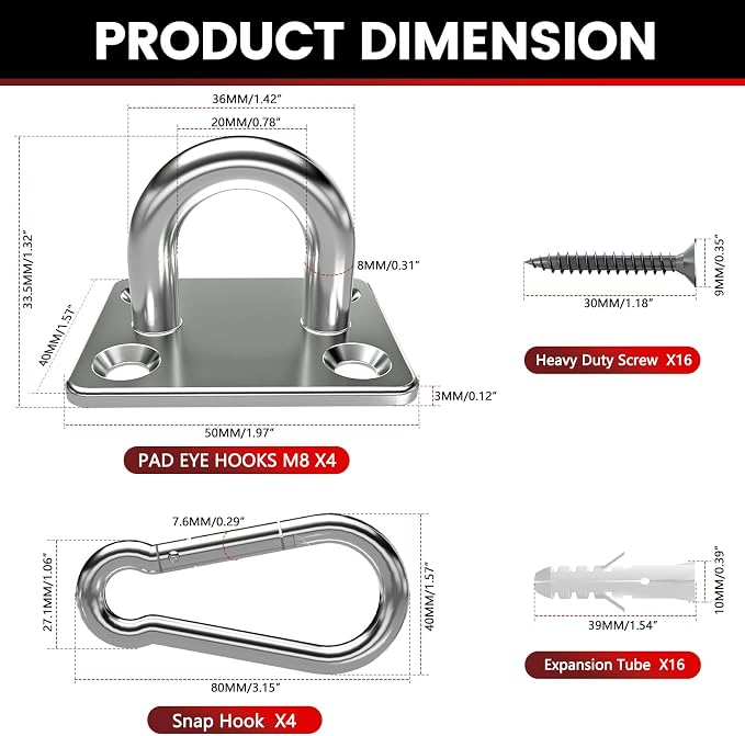 304 Stainless Steel Pad Eye Snap Hook, M8 Ceiling Hook 1200Lb, Yoga Gym - Image 4