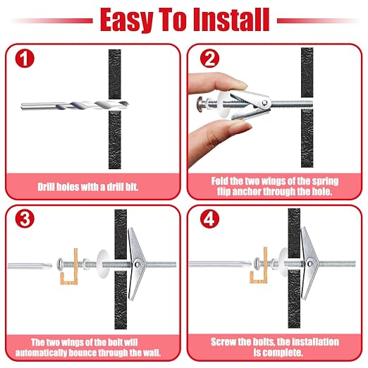 100Pcs Toggle Bolts Drywall Anchors Kit, 25 Sets 1/8" 3/16" 1/4" Heavy Duty - Image 5