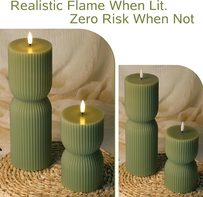 Olive Green Ribbed Flameless Pillar Candles - Image 5