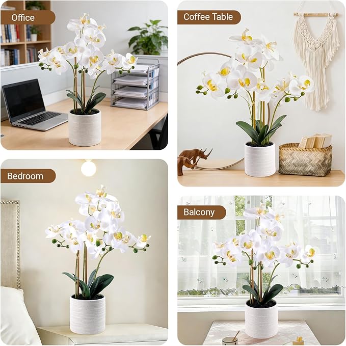 Fake Orchid Plant 23" Tall, Realistic Touch Leaves, Potted Phalaenopsis - Image 3