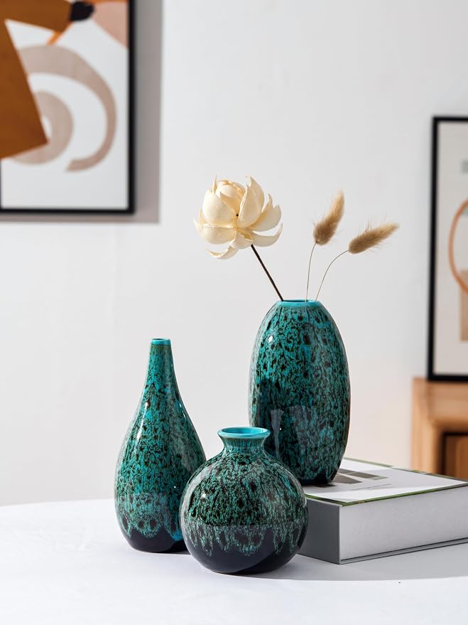 Ceramic Bud Vase Set, Fambe Blue Glazed Finish, Decorative Flower Vases - Image 5