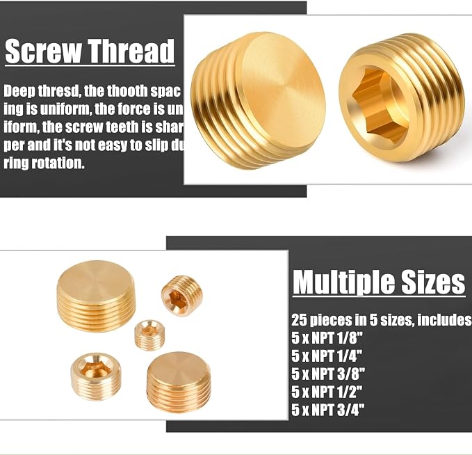 25 Pcs Brass Pipe Plug Fitting Assortment Kit, 5 Sizes 1/8" 1/4" 3/8" 1/2" 3/4" - Image 4