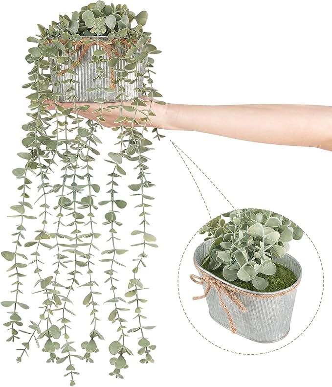 Mkono Fake Hanging Plants in Farmhouse Galvanized Pots - Image 6