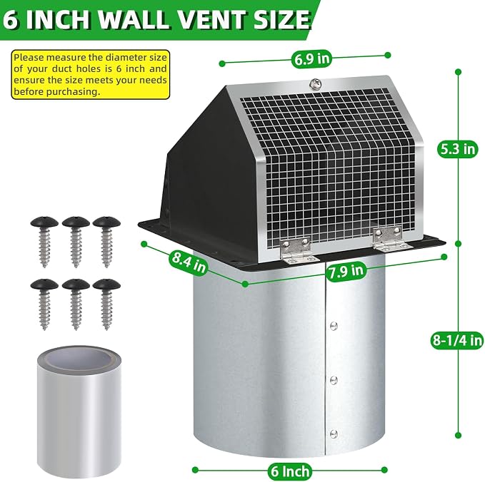 6 Inch Hooded Wall Vent with Screen and Damper, Galvanized Steel - Image 2