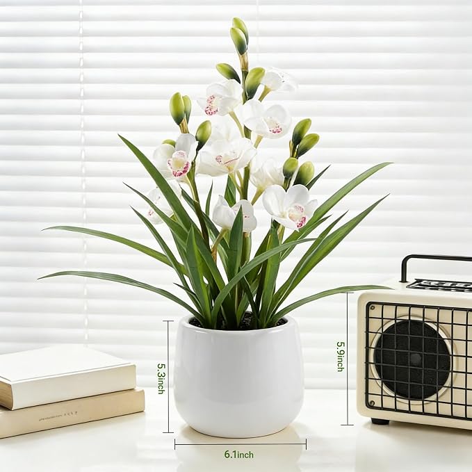 Fake Orchid Plant 19" Tall, Realistic Touch Leaves, Potted Cymbidium Artificial - Image 6