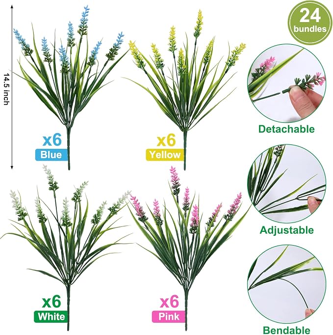 Geegoods 24 Bundles Artificial Lavender Flowers Outdoor, Mix 4 Colors | UV - Image 2