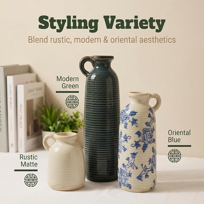 Ceramic Vase Set of 3 with Handles, Versatile as Table Centerpiece or Mantel & - Image 3