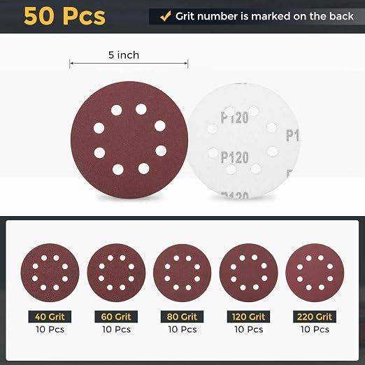 HARFINGTON 50Pcs 5Inch Sanding Disc 8 Hole Hook and Loop Sandpaper Red | - Image 2