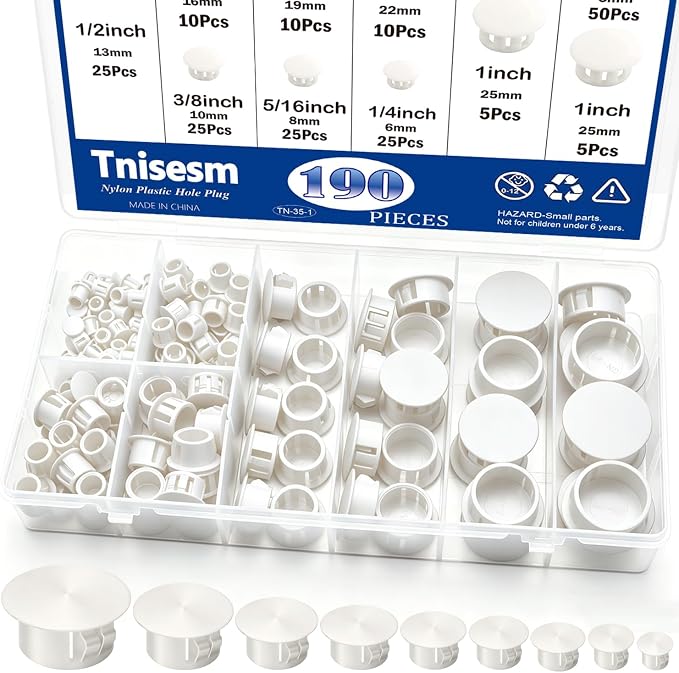 Tnisesm 190Pcs 9 Sizes Nylon Plastic Hole Plugs 1/5" 1/4" 5/16" 3/8" 1/2" 5/8" by Tnisesm