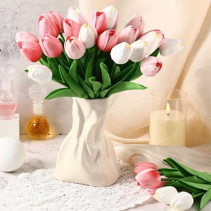 Janinka 60pcs Artificial Tulip Flowers Fake PU Tulips Faux Latex Bouquet Flower - Image 4