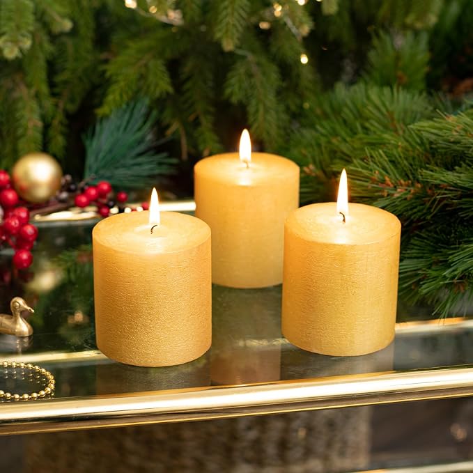 3x3 Inch Gold Pillar Candles Set of 3 - Image 7