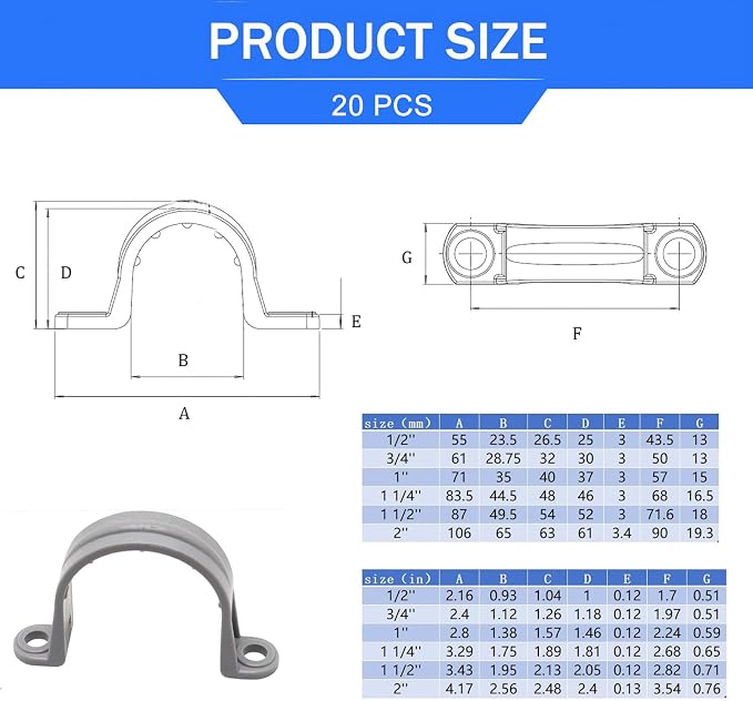 1/2 Inch PVC Pipe Strap, 2-Holes Conduit Pipe Clamps Plastic Pipe Supports - Image 2