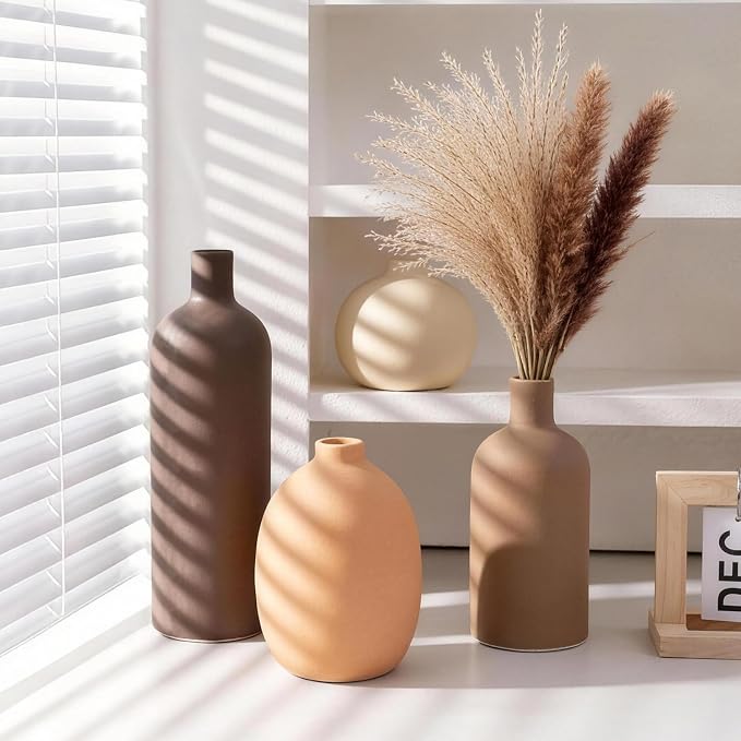 Neutral Ceramic Vase Set of 4, Modern Colors Home Decor, Rustic Farmhouse - Image 2