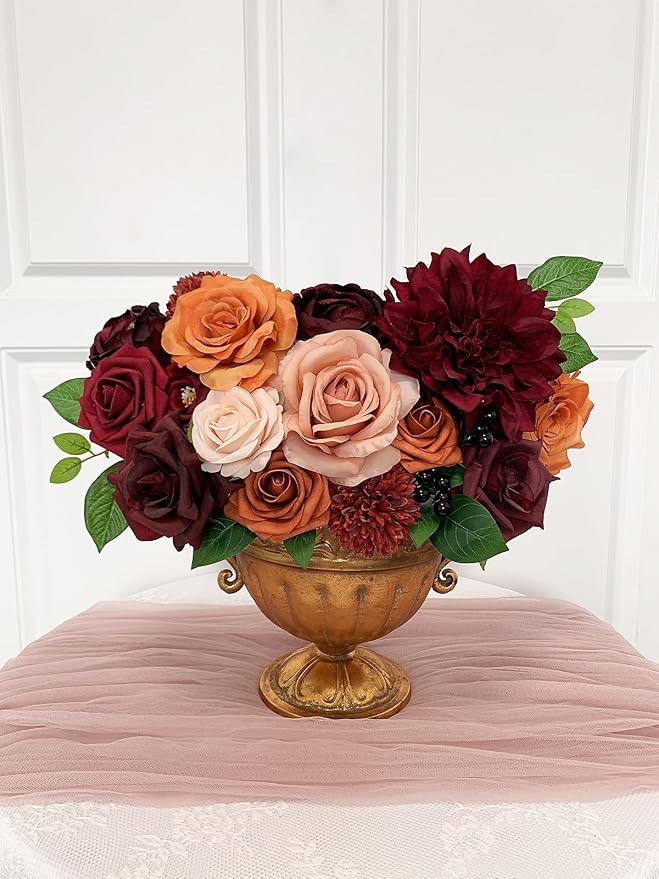 FACINOC Artificial Flowers Orange Burgundy Fake Flowers Dahlia Roses Bulk | DIY - Image 4