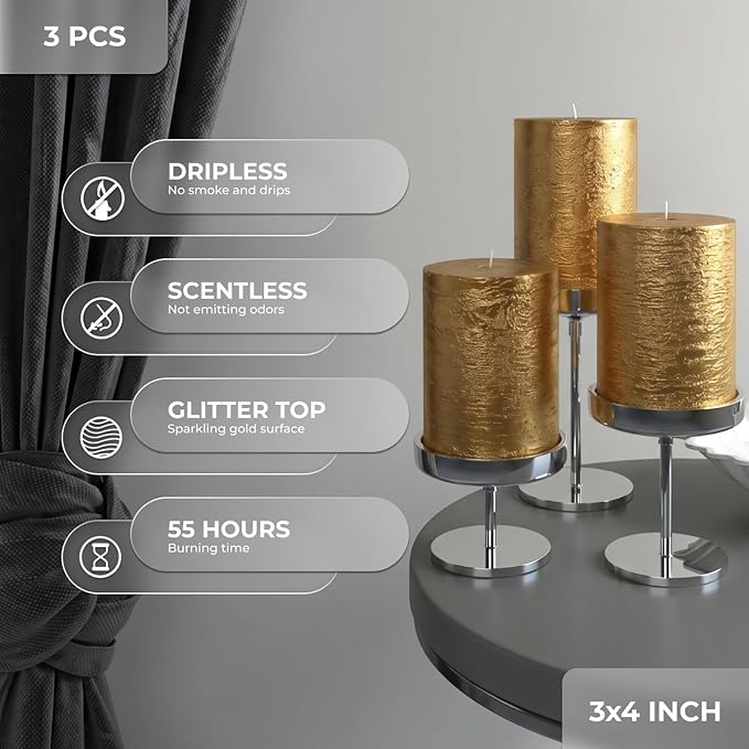 3x4 Inch Gold Pillar Candles Set of 3 - Image 3