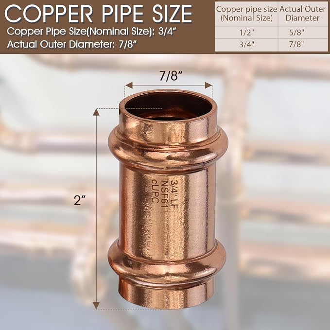 12PK Copper Press Fittings 3/4 inch Copper Coupling - Image 2
