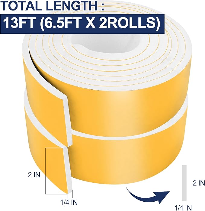 13Ft Foam Tapes Self Adhesive Foam Seal Strips 2In x 1/4In x 6.5Ft Each Roll - Image 2