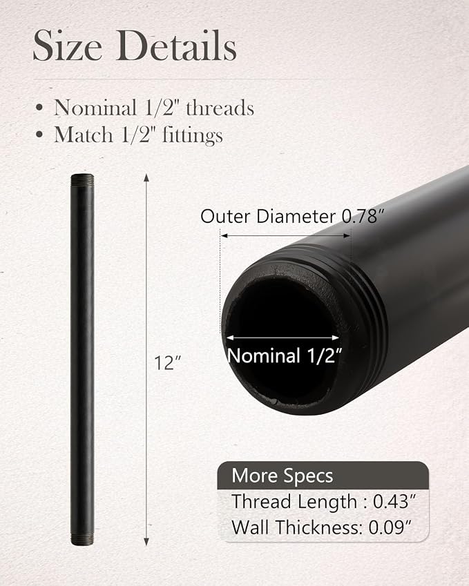 10 Pack 1/2 x 12 Inch Black Pipe Malleable Steel Nipples Fitting | DIY - Image 3