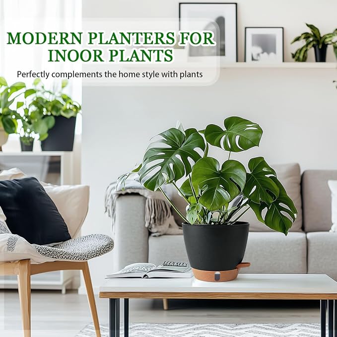 2 Pack 8 Inch Pots for Plants Indoor, Plastic Self Watering Planters | Drainage - Image 2