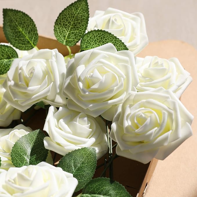 AmyHomie Ivory Rose 25pcs Real Looking Artificial Flowers w/Stem | Bouquet - Image 3