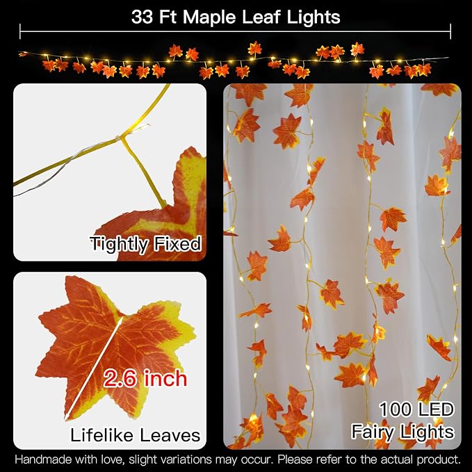 33FT 100 LED Maple Leaf String Lights Battery Operated Copper Wire | Vine - Image 6